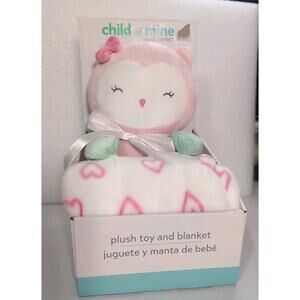 Child Of Mine Plush Owl Stuffed Animal Toy & Fleece Blanket Set Pink Hearts New